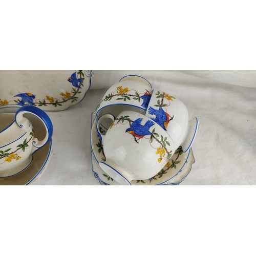 65 - A stunning vintage Aynsley teaset, decorated with bluebirds.