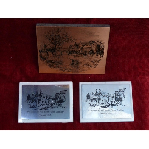 402 - An etched copper plaque 'The Bridge and Old Mills, Bushmills' by Douglas '79 and two 'Old Bushmills'... 