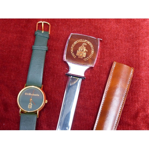 407 - An Old Bushmills Distillery wrist watch with leather strap and a leather cased Old Bushmills Distill... 