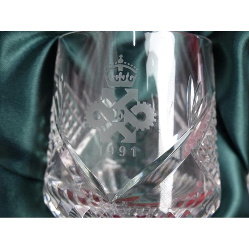 411 - Two Tyrone Crystal whiskey glasses with crested detail 1991 and inscribed The Old Bushmills Distille... 