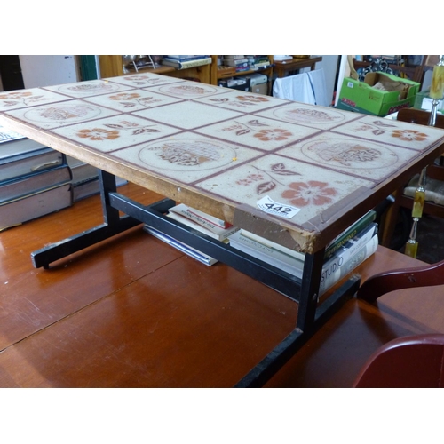 442 - A vintage tiled topped coffee table on a metal frame.