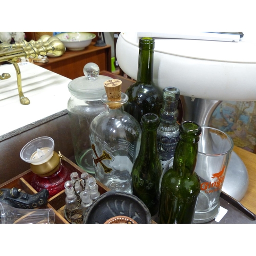 469 - A vintage wooden collectors tray and an assortment of ornaments, beer bottles and more.