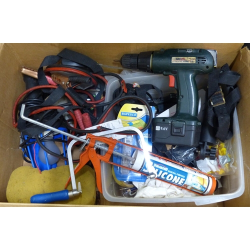 480 - A large lot of garage tools to include a socket set, jump leads and more.