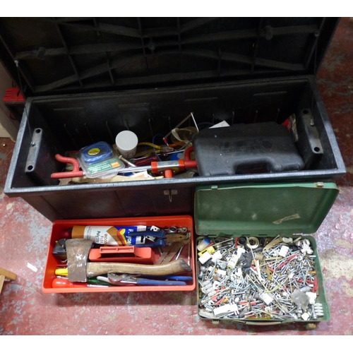 485 - A large tool box containing an assortment of tools, nails etc.