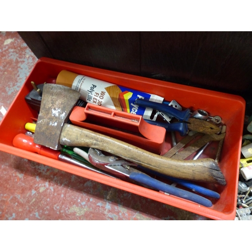 485 - A large tool box containing an assortment of tools, nails etc.