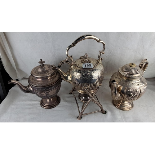 389 - An assortment of silver-plated teapots, to include Spirit Kettle.