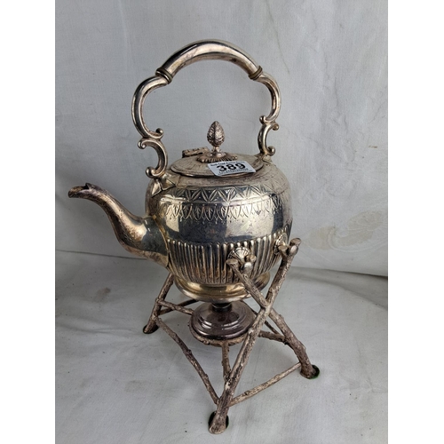 389 - An assortment of silver-plated teapots, to include Spirit Kettle.