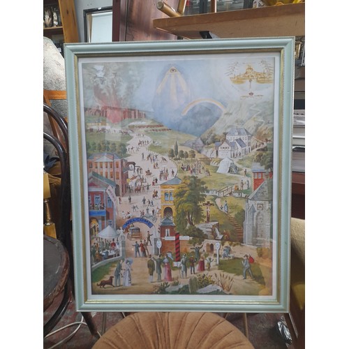 82 - A framed masonic print of a townland. Measuring 54cm x 44cm.