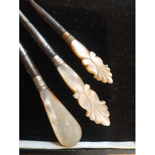 261 - Victorian mother-of-pearl handled tool set, includes a buttonhook, corkscrew, and leather punch. Has... 