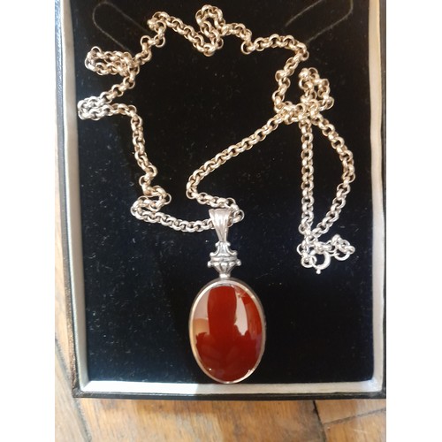 256 - Sterling Silver necklace with large double sided fob featuring an oval red and black gemstone with h... 