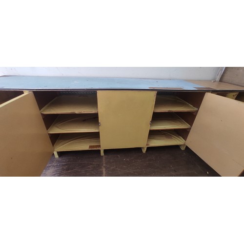 278 - A large vintage shop counter, measuring 305cm x 85cm x 61cm.