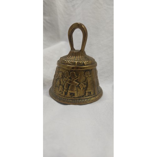 32 - A collection of various vintage/ antique brass bells. Including a sanctuary / Sanctus bell, depictin... 