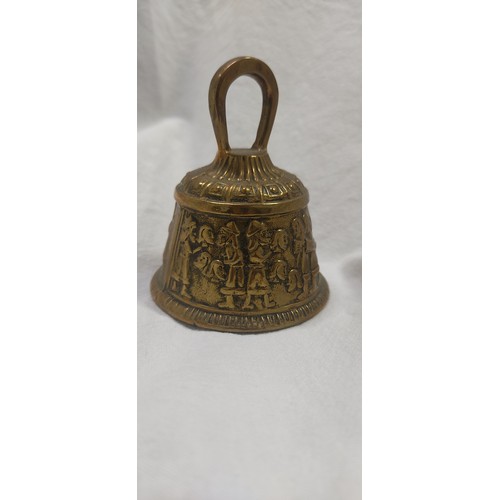 32 - A collection of various vintage/ antique brass bells. Including a sanctuary / Sanctus bell, depictin... 