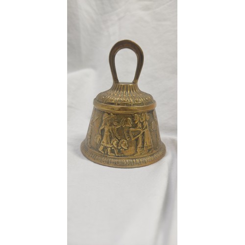 32 - A collection of various vintage/ antique brass bells. Including a sanctuary / Sanctus bell, depictin... 