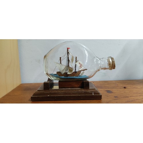 26 - A vintage ship in a bottle of the Mary Rose on wooden stand. Measuring approx 14cm in length.