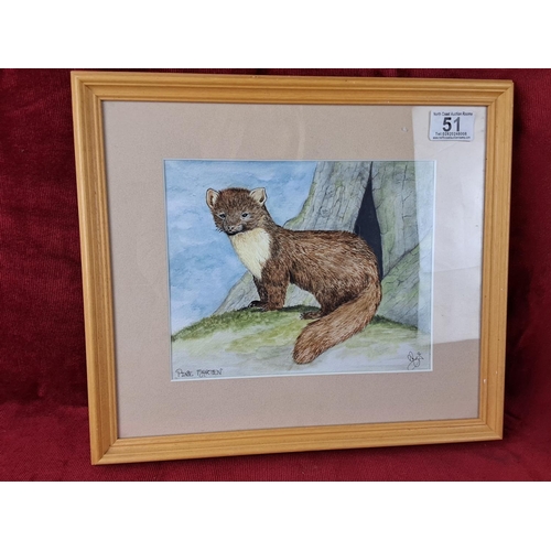 51 - A framed painting of a Pine Marten, signed by the artist. Measuring 37cm x 33cm.