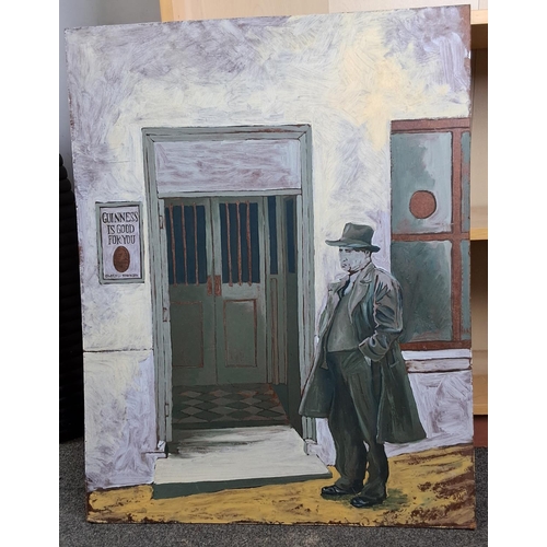 54 - A large unframed painting of a man standing outside of a bar. Measuring 76cm x 60cm.