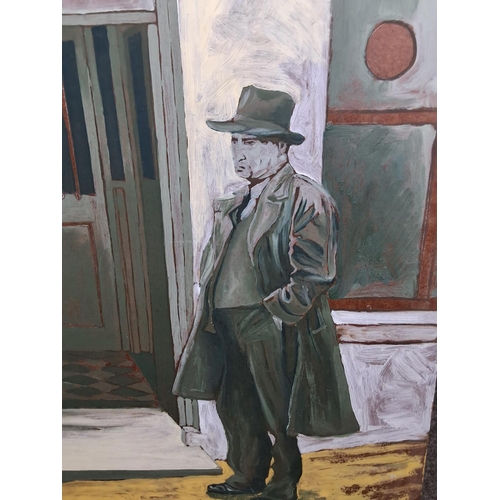 54 - A large unframed painting of a man standing outside of a bar. Measuring 76cm x 60cm.