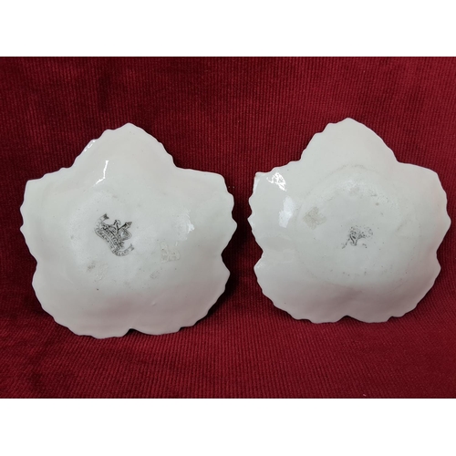 75 - Two 2nd period Belleek leaf plates, measuring 11cm.