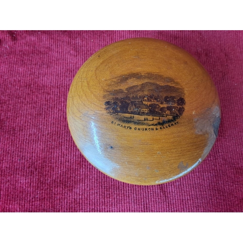 124 - An antique Mauchline Ware spool holder, 'St Marys church and Elleray, and three small spools.