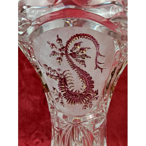 131 - A vintage Hofbauer lead crystal vase with etched dragon. Measuring 28cm tall.