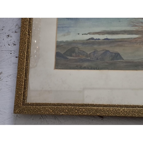 13 - A vintage framed watercolour of a coastal scene, signed M E Michael 42cm x 50cm.