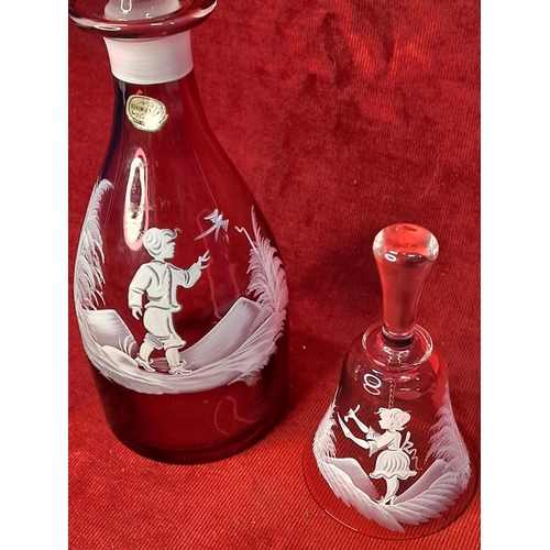 60 - A stunning Mary Gregory Bohemian glass decanter and bell.