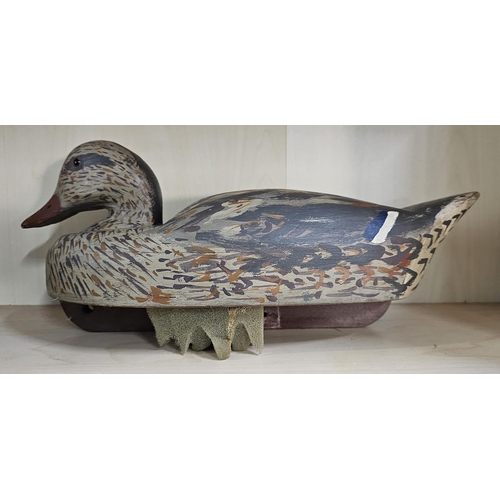 15 - A stunning handmade wooden duck decoy, with hand painted effect, measuring 38cm long.