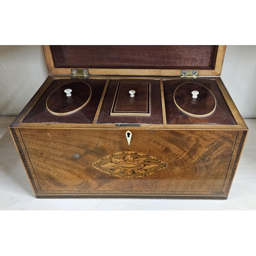 17 - A stunning antique/ Georgian mahogany tea caddy with inlaid design, 29cm x 15cm x 17cm.