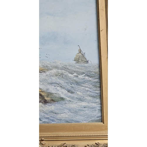 25 - A stunning antique oil on board painting of a Coastal scene with ship in Stormy waters. No visible s... 