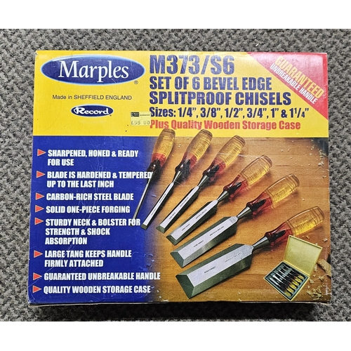 505 - A cased set of Marples Record M373/S6 bevel edge split proof chisels.