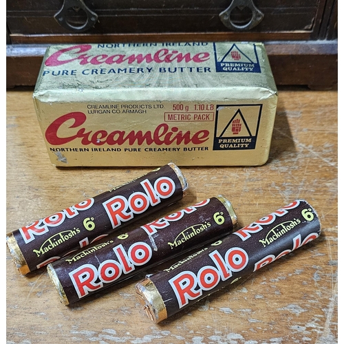 61 - A collection of vintage shop display items to include 3 packets of Rolo chocolates & a Creamline Iri... 