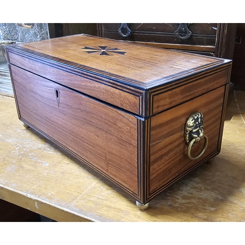 70 - A stunning antique/ Georgian mahogany tea caddy with inlaid design & bras lion mask handles, 30cm x ... 