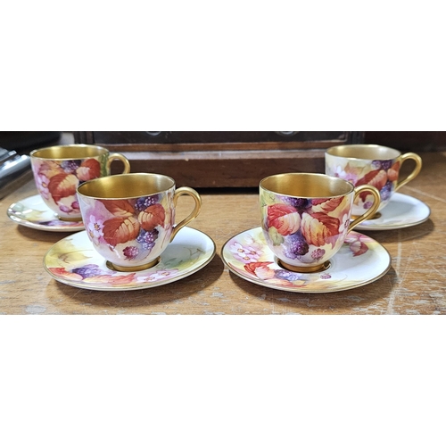 76 - A stunning set of 4 antique hand painted Royal Worcester 'Brambles' coffee cups & saucers, each sign... 