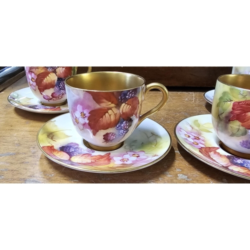 76 - A stunning set of 4 antique hand painted Royal Worcester 'Brambles' coffee cups & saucers, each sign... 