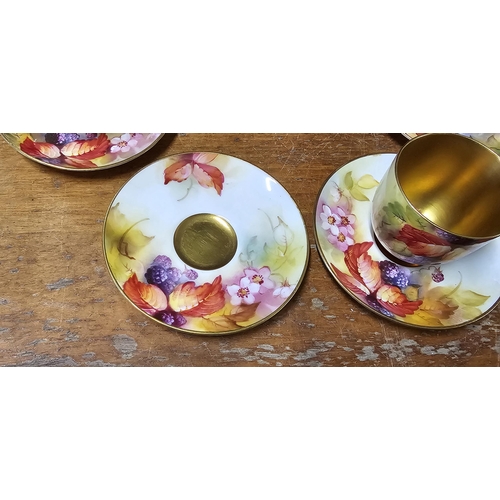 76 - A stunning set of 4 antique hand painted Royal Worcester 'Brambles' coffee cups & saucers, each sign... 