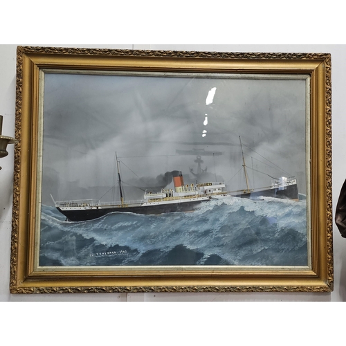 90 - A stunning framed painting showing SS Tynedale in stormy seas, dated 1903, measuring 77cm x 59cm.