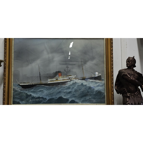 90 - A stunning framed painting showing SS Tynedale in stormy seas, dated 1903, measuring 77cm x 59cm.