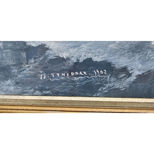 90 - A stunning framed painting showing SS Tynedale in stormy seas, dated 1903, measuring 77cm x 59cm.