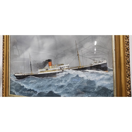 90 - A stunning framed painting showing SS Tynedale in stormy seas, dated 1903, measuring 77cm x 59cm.