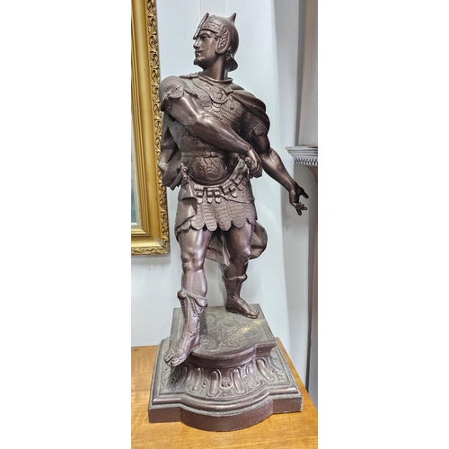 92 - A large antique/ vintage spelter figure of a Roman soldier, measuring 57cm tall.