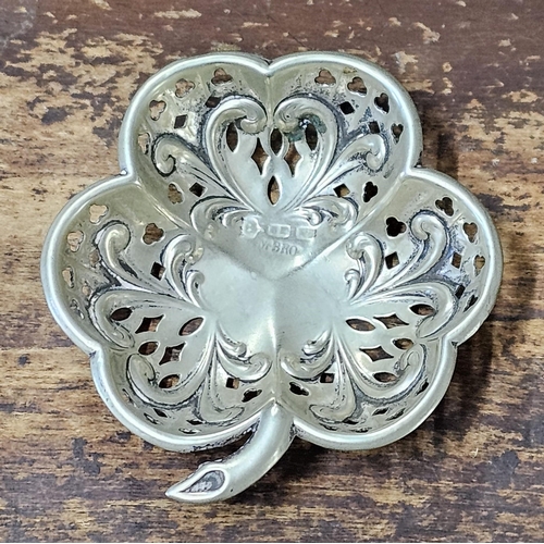 95 - A stunning antique Sterling Silver shamrock shaped dish with decorative pierced design.