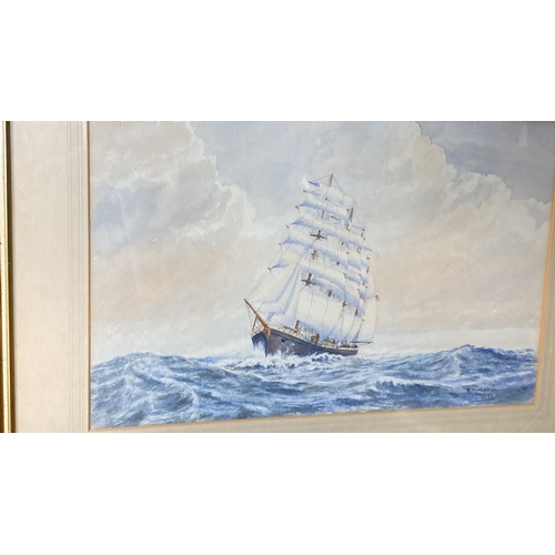 41 - Watercolour painting of a sailing ship by R.H. Woolmer, dated 10/11/47, measuring 23