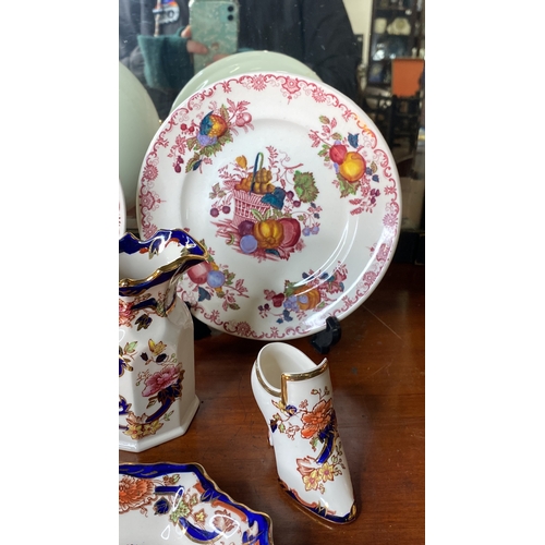 51 - Four pieces of Mason's Ironstone 'Mandalay' ceramics and two Mason's Ironstone 'Fruit Basket' plates... 