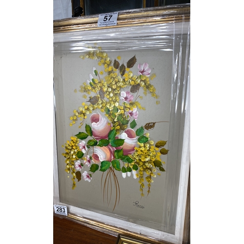 57 - Oil painting by Rossi, features a floral arrangement with vibrant yellow and pink flowers, framed in... 