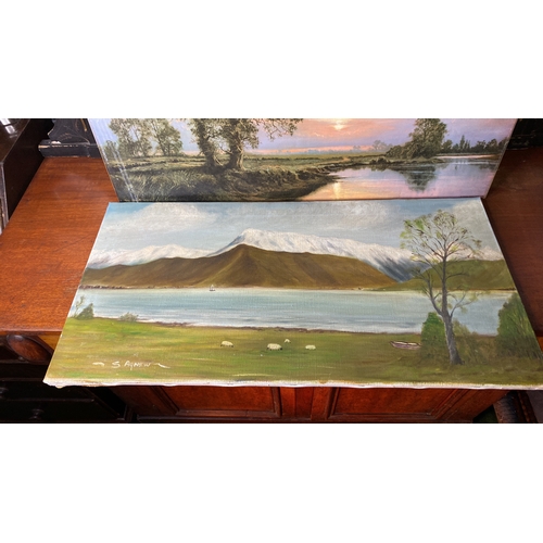 69 - Oil on canvas landscape painting by S. Agnew. Depicts a serene mountain and lake scene with trees an... 