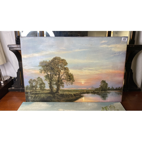 69 - Oil on canvas landscape painting by S. Agnew. Depicts a serene mountain and lake scene with trees an... 