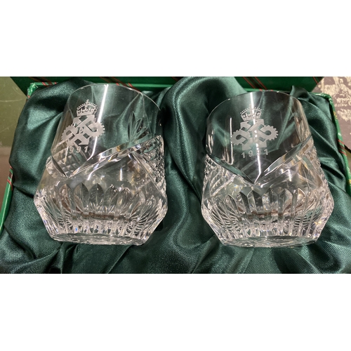 128 - Two Tyrone Crystal whiskey glasses with crested detail 1991 and inscribed The Old Bushmills Distille... 