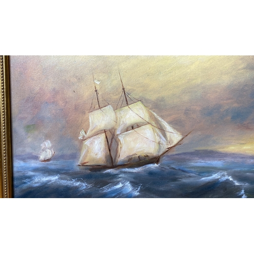 200 - A framed oil on canvas of a sailing ship.