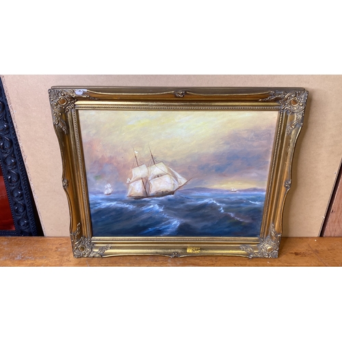 200 - A framed oil on canvas of a sailing ship.